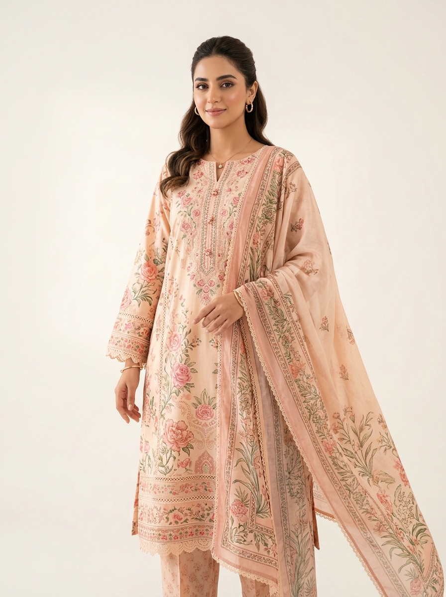 Elegant Printed Lawn Suit with Silk Dupatta
